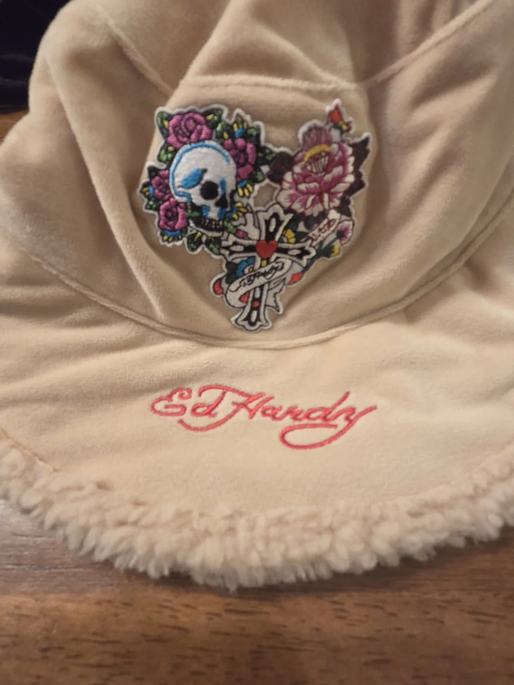 Ed Hardy Beige Kids Bucket Hat with Floral Skull Patch and Faux Shearling Trim